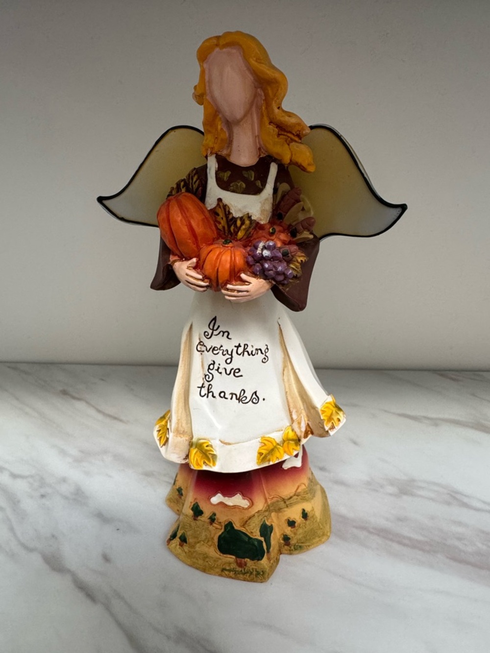 Vintage Autumn Harvest Angel Figurine - White Apron, Orange Pumpkins